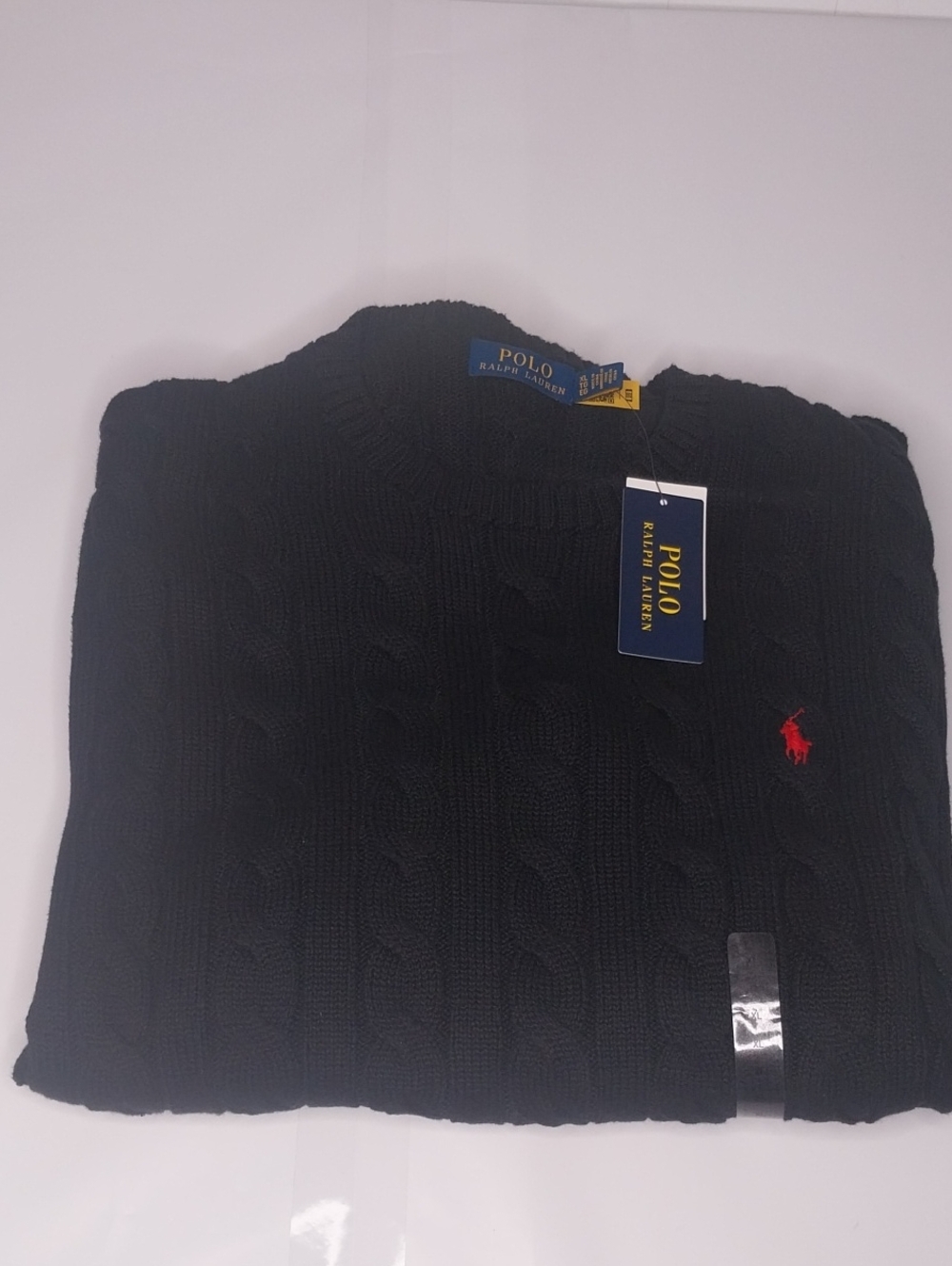 Polo by Ralph Lauren Black Cable-Knit Crewneck Sweater with Red Logo (131)